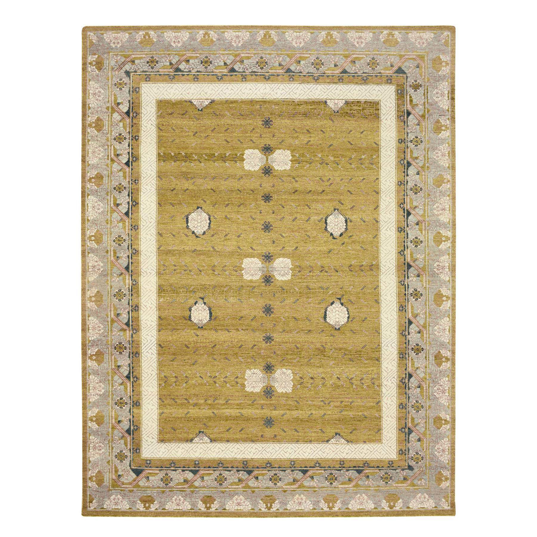 9'1"x12'1" Golden Yellow, Pinecone Design, 100% Wool, Hand Knotted, Shaved Low, Densely Woven, Oriental Rug 